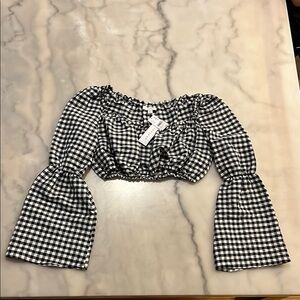 Topshop Black and White Ruched Crop Blouse with Bell Sleeves